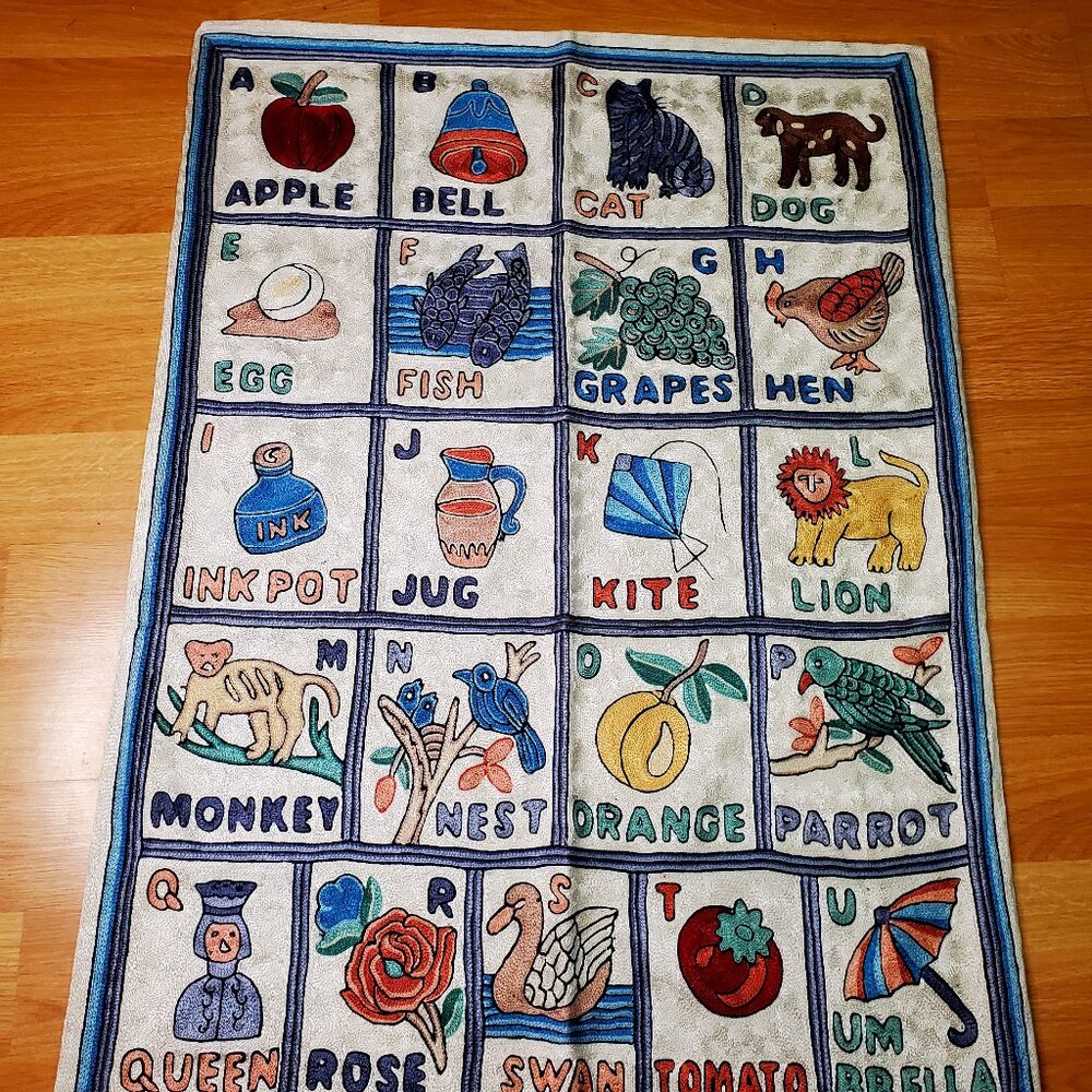 Folk Art Hand Made Alphabet Tapestry Nursery School Wall Hanging 29" X 47" - Picture 1 of 11